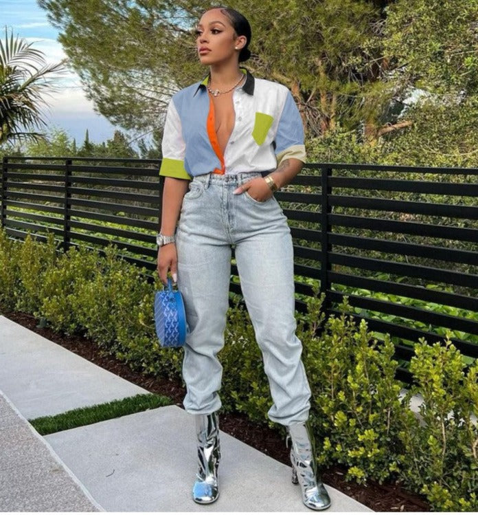 Colorblock Button Up Blouse