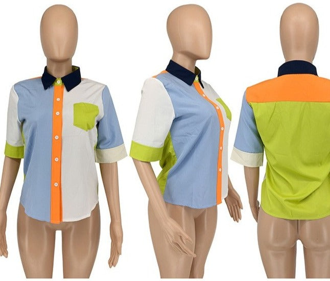 Colorblock Button Up Blouse