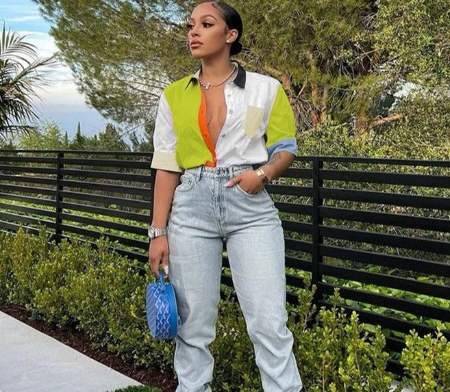 Colorblock Button Up Blouse