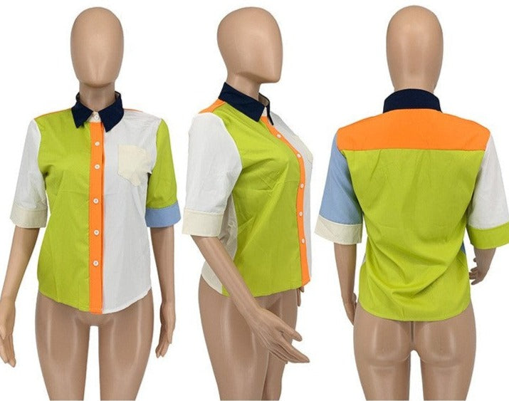 Colorblock Button Up Blouse