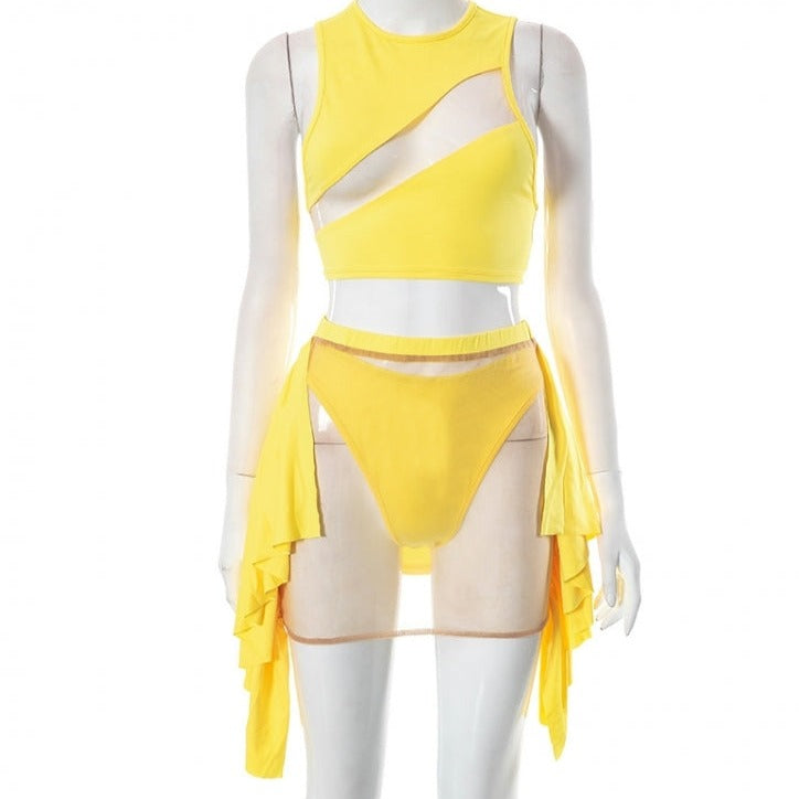 Mesh See Through Three Piece Bikini Set.