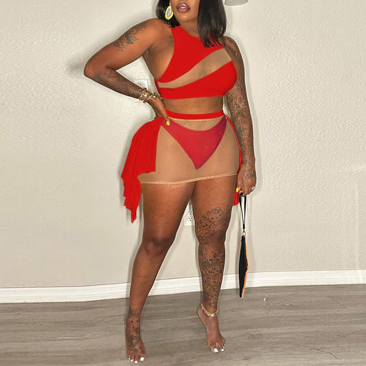Mesh See Through Three Piece Bikini Set.