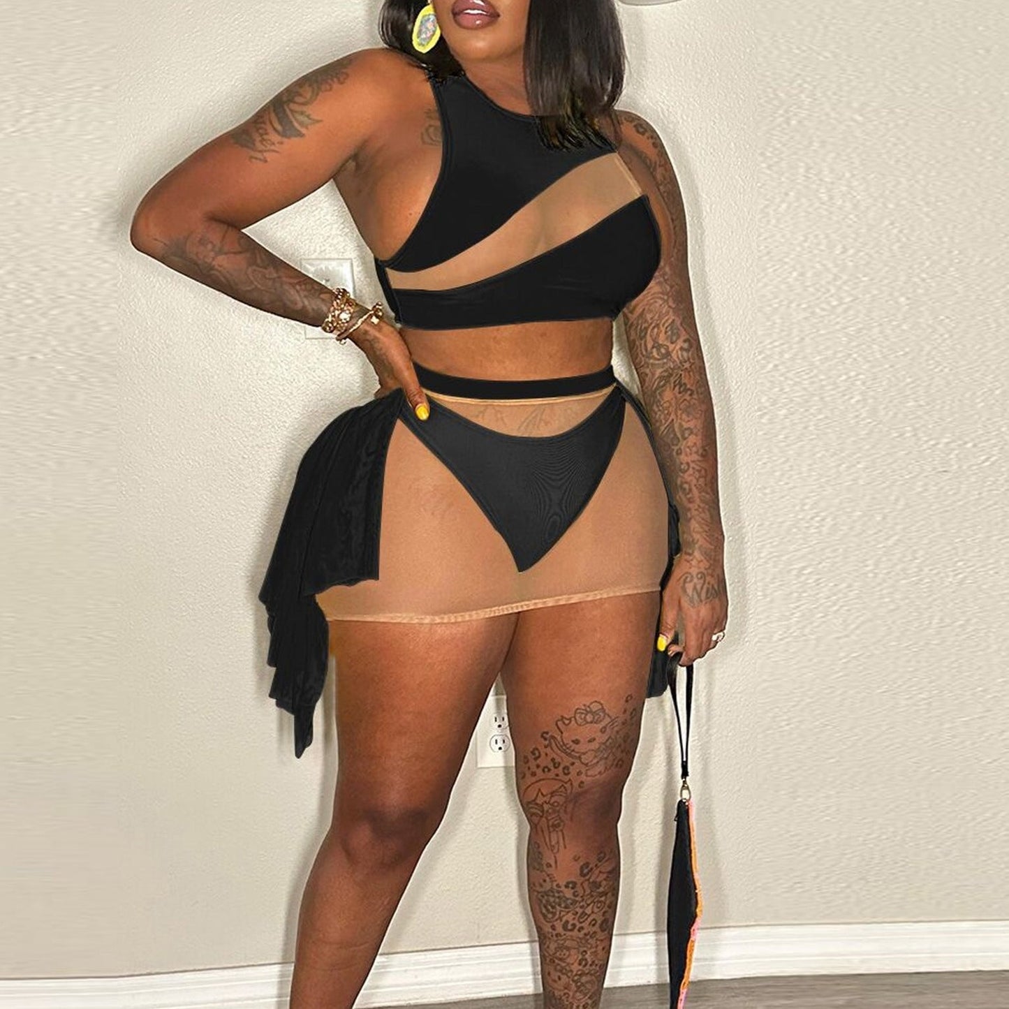 Mesh See Through Three Piece Bikini Set.