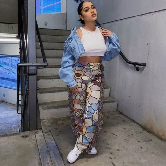 Pantalones con borlas de talle medio