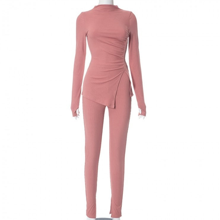 Ensemble pantalon à col roulé froncé et ourlet fendu