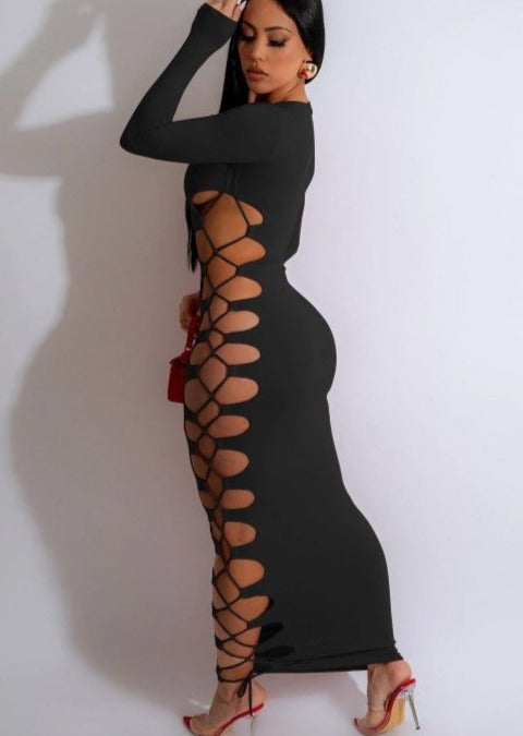 Vestido largo ajustado de talle medio con diseño de patchwork