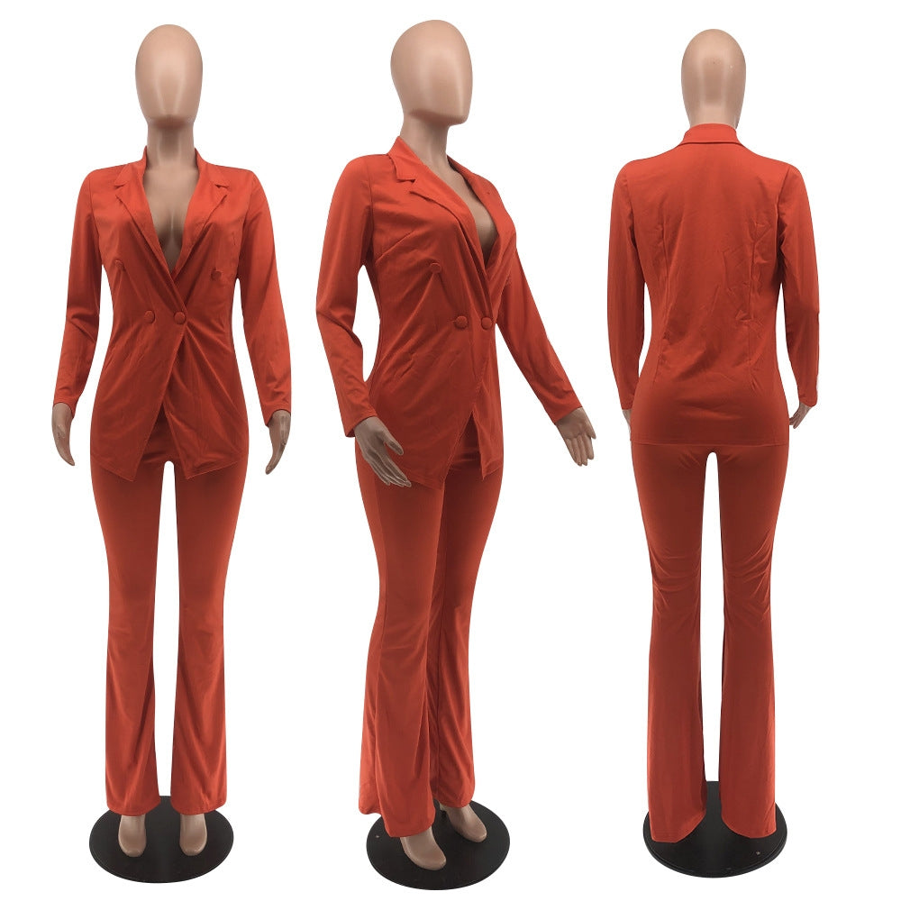 Buckle V-Neck Blazers Suit
