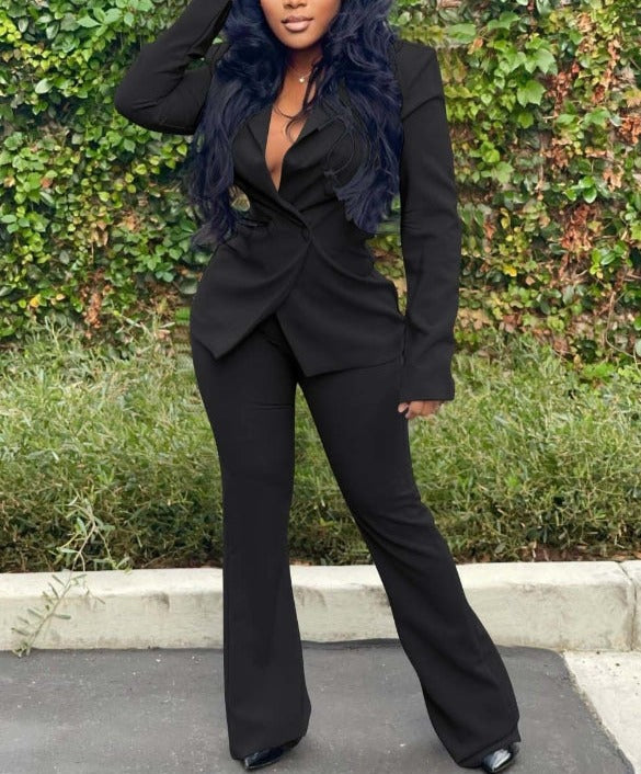 Buckle V-Neck Blazers Suit