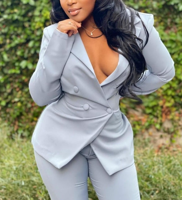 Buckle V-Neck Blazers Suit