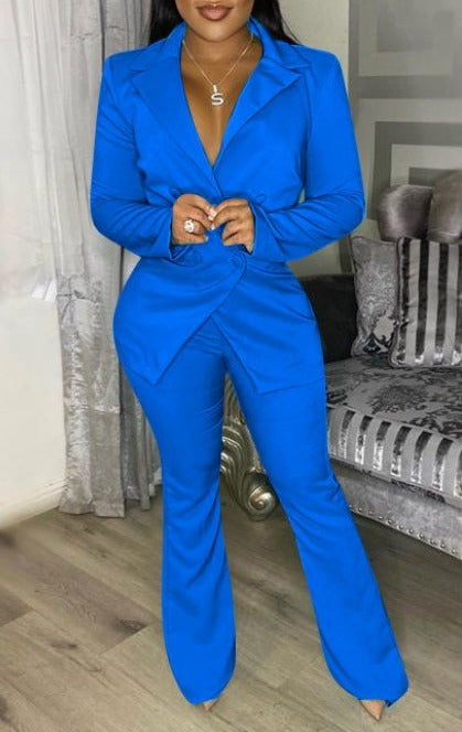 Buckle V-Neck Blazers Suit
