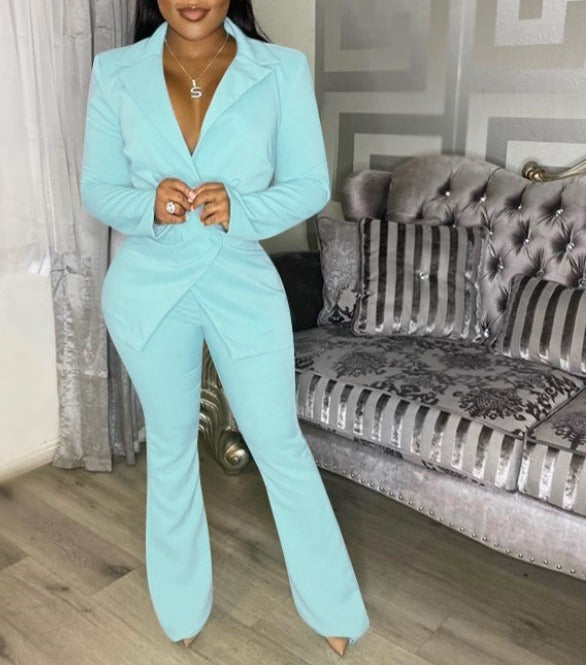 Buckle V-Neck Blazers Suit