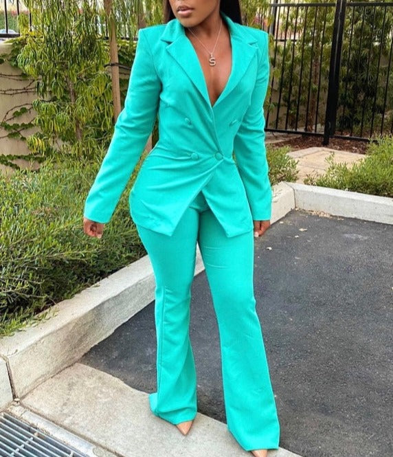 Buckle V-Neck Blazers Suit