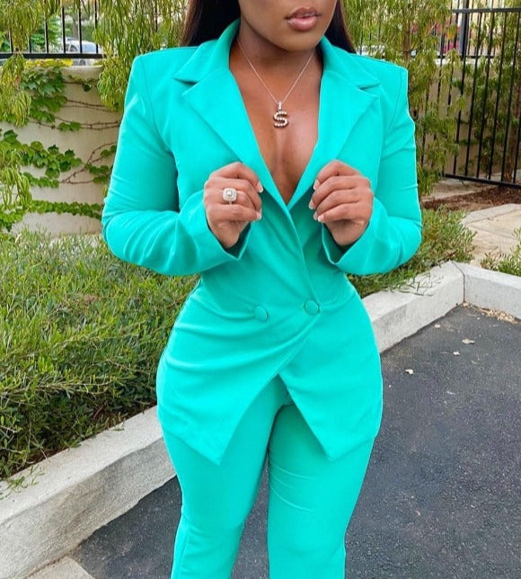 Buckle V-Neck Blazers Suit
