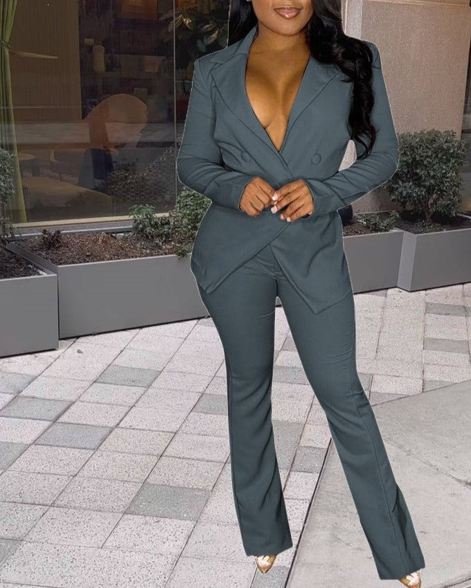Buckle V-Neck Blazers Suit