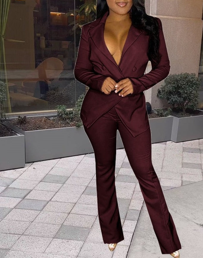 Buckle V-Neck Blazers Suit