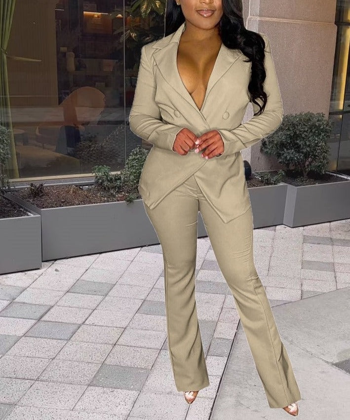 Buckle V-Neck Blazers Suit
